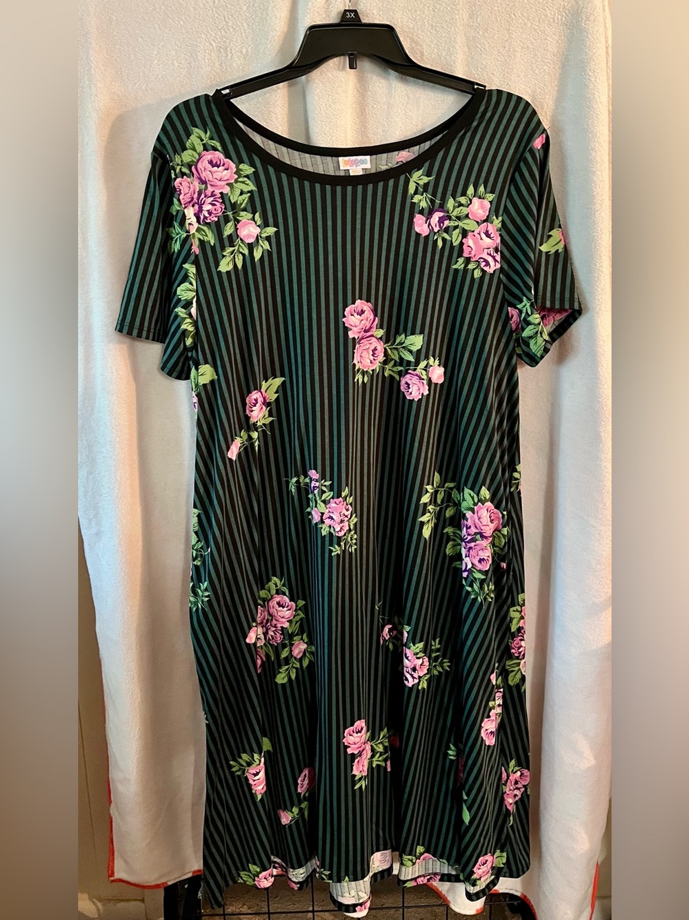 LuLaRoe Black & Green Striped Midi Dress with Pink Rose Print